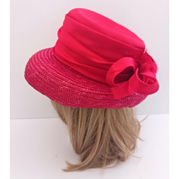 Red Straw Satin Summer Church Hat Lg Red Satin Tied Back Bow Wide Brim Bell main image 4